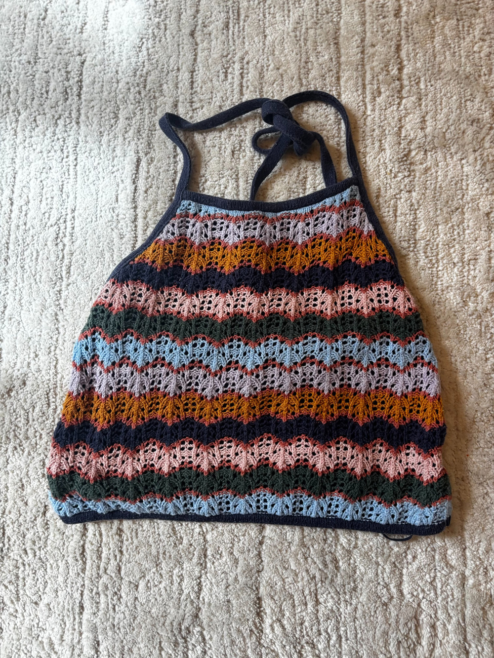 American Eagle Crochet Halter Tank Top Navy Floral Stripe Size S/P